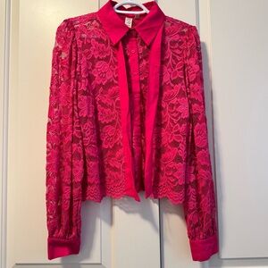 Dolan Left Coast Collection Fuchsia Long Sleeve Floral Lace Pattern Blouse Sz M